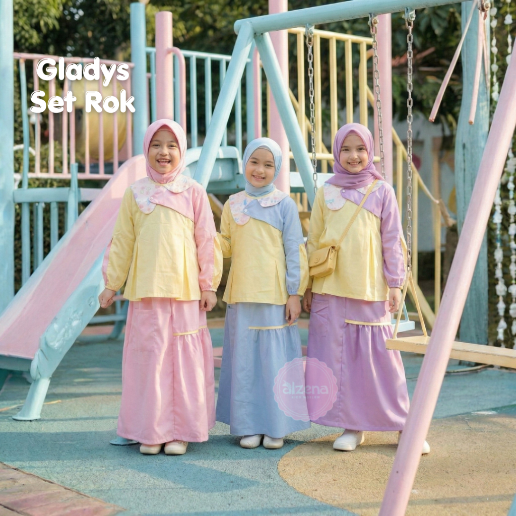 Alzena Kids Moslem - Set Rok Anak Perempuan Gladys Baju Muslim Anak Pastel Adem & Nyaman
