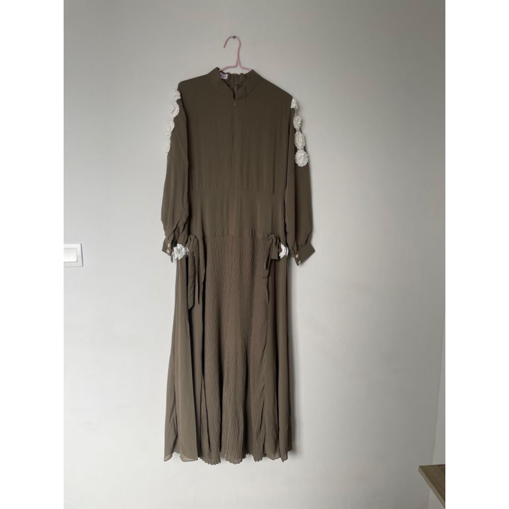 One Set Dress + Jilbab Kerudung Gamis Longdress Maxi Midi Lengan Panjang Muslim Hijab Cokelat Brown 