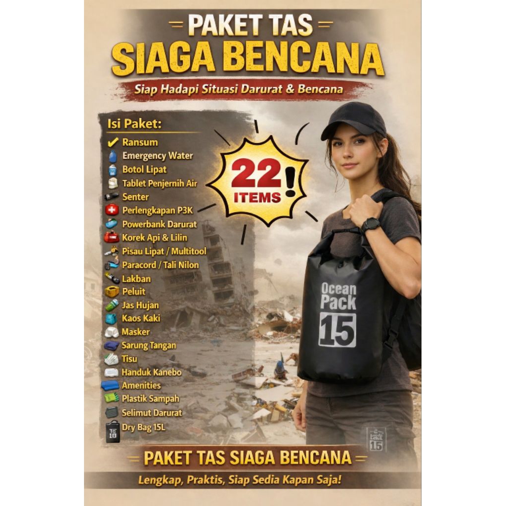 TAS SIAGA BENCANA 22 ITEM LENGKAP | EMERGENCY KIT DARURAT | DRY BAG 15L