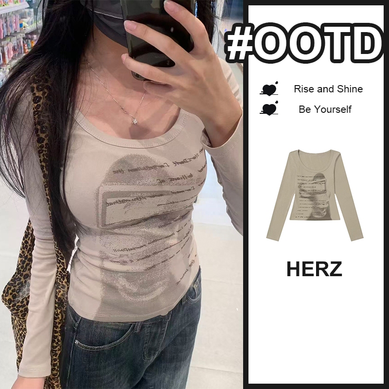 Herz-Atasan wanita lengan panjang retro Amerika hot girl T-shirt katun s-xl kaos slim fit cewek