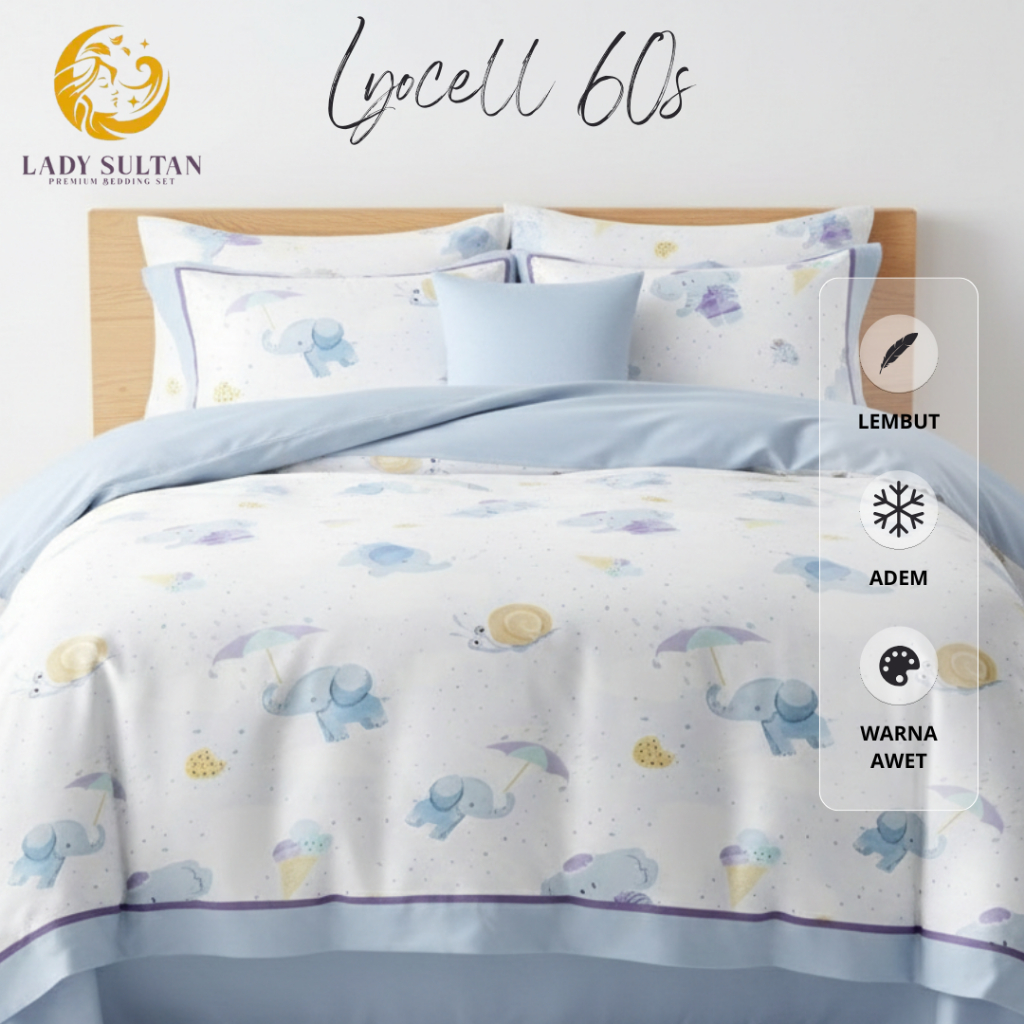 Lady Sultan Sprei Set Sutra Organik 60s Motif Anak Gajah, Jerapah & Beruang