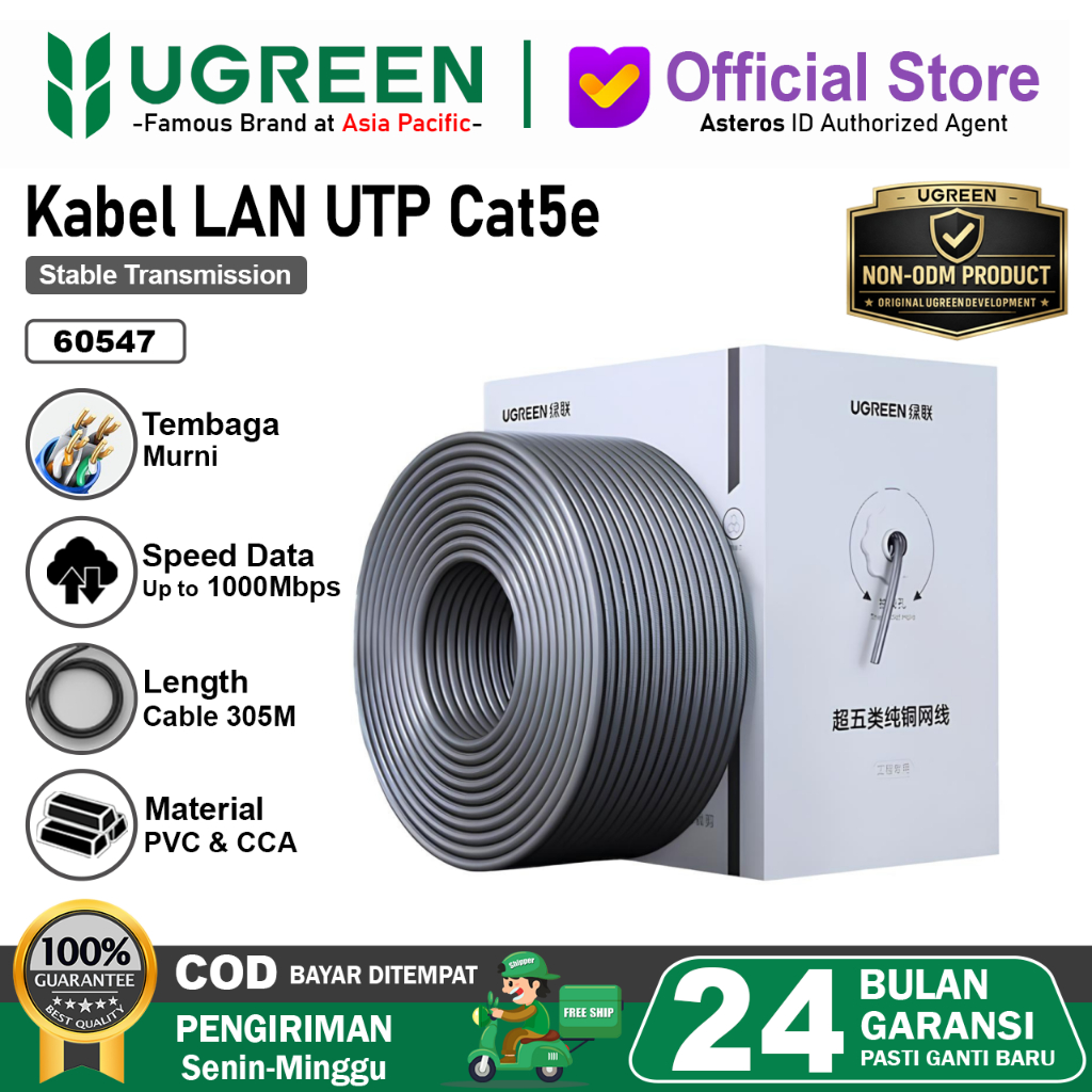UGREEN Kabel LAN UTP CAT5e Cat6 Kabel Ethernet/Internet RJ45 Panjang 100M - 305M