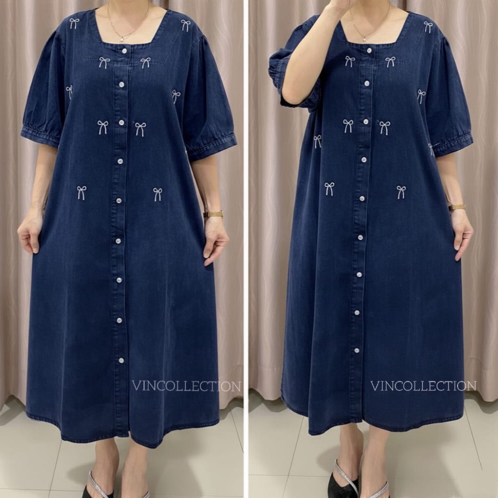 1453 DRESS JEANS SQUARE NECK BORDIR PITA LD120 WANITA|MIDI DRESS
