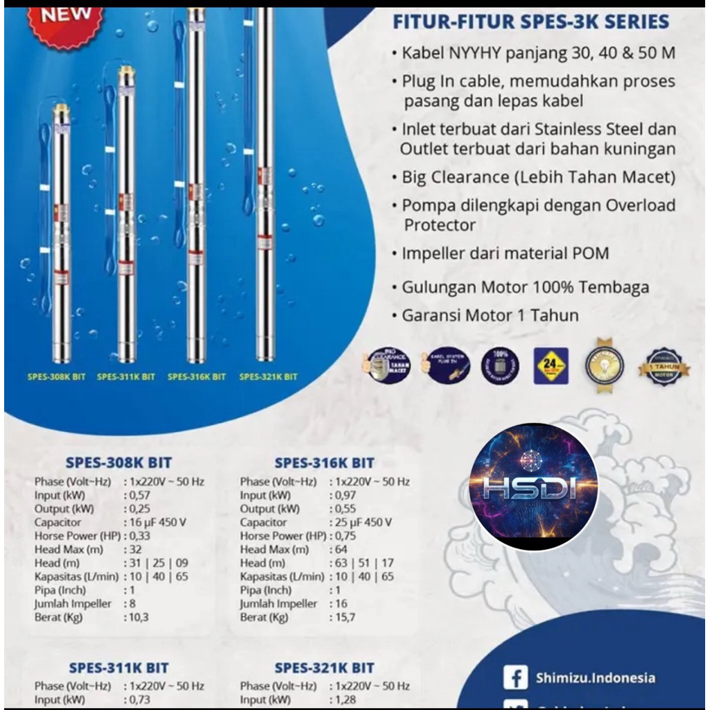 Pompa air shimizu Submersibel Spes 316K 0.75HP
