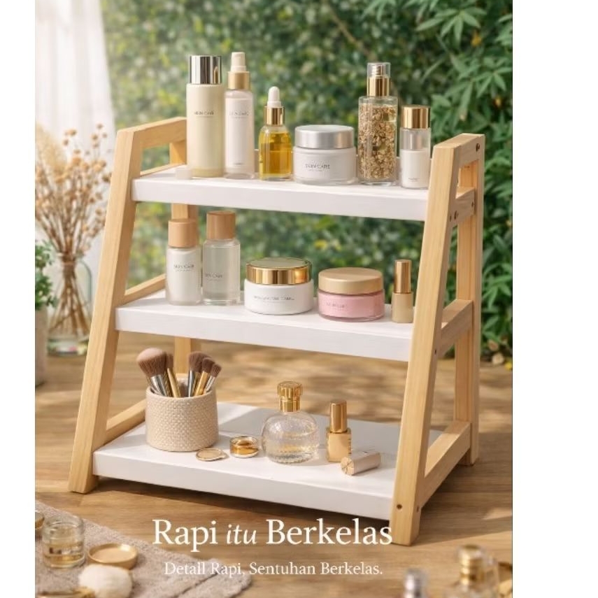 Rak Bumbu Dapur / kosmetik Kayu  Susun Putih Natural, Mudah Dirakit
