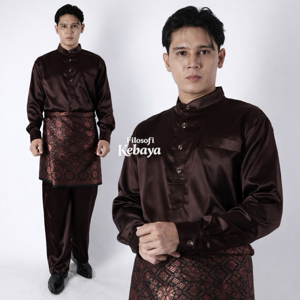 Stelan Baju Melayu Pria Teluk Belanga Cekak Musang Lengan Kancing Manset Satin Yamaha Premium Koko A