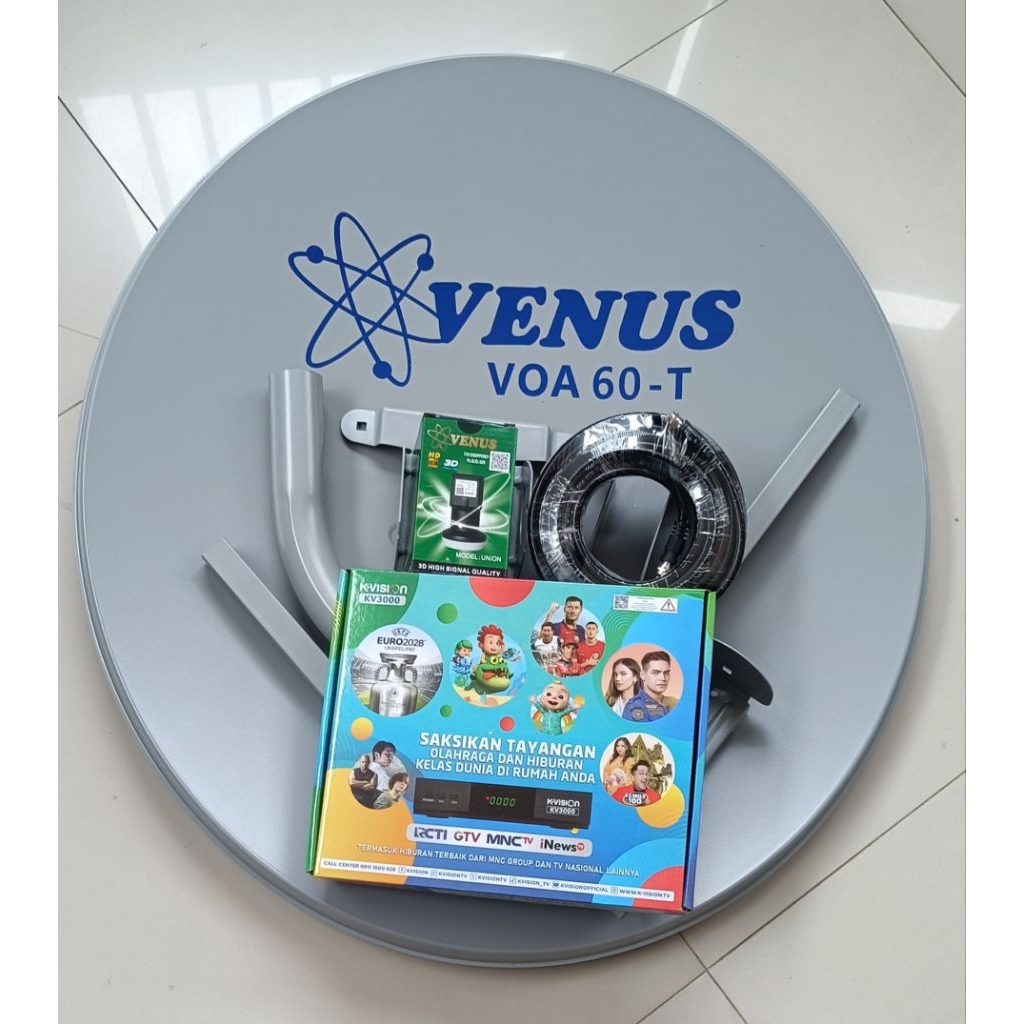 antena parabola mini 60cm venus Abu abu+LNBF+kabel+Receiver k-vision KV3000