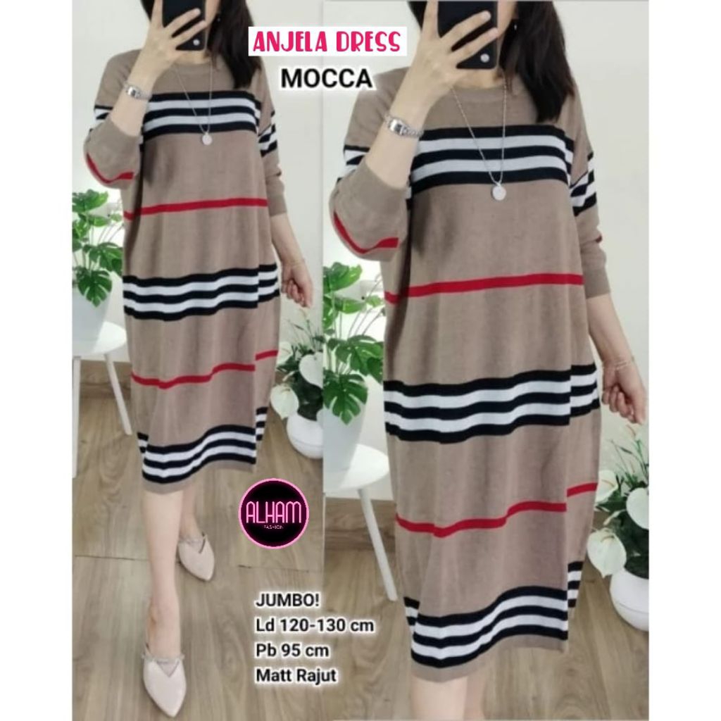 Anjela Long Tunik Rajut Import Jumbo Oversize Motif Garis Tebal