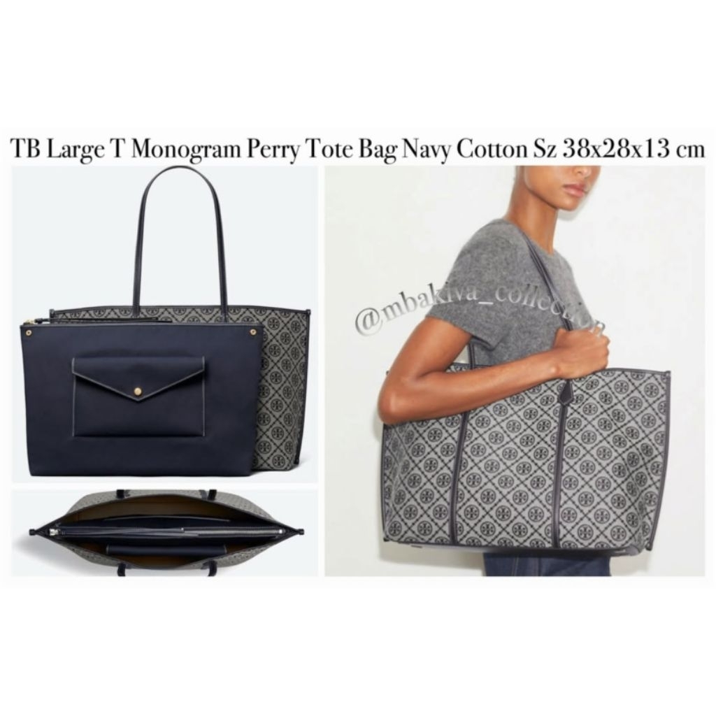 TB Large T Monogram Perry Tote Bag Navy Cotton