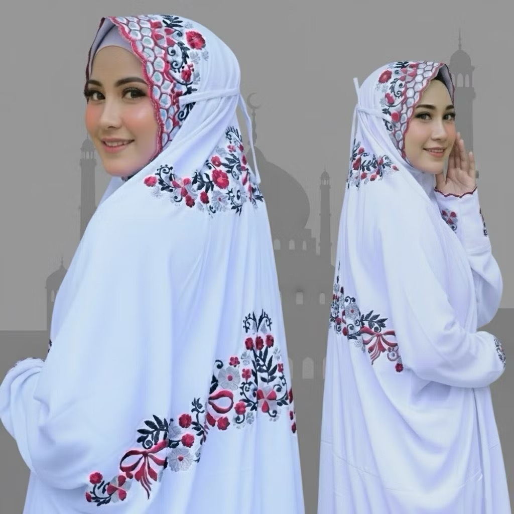 BEST SELLER Mukena Terusan Dewasa Premium Silk Katun Polino Mikro Putih | Bordir Komputer Rapi Motif