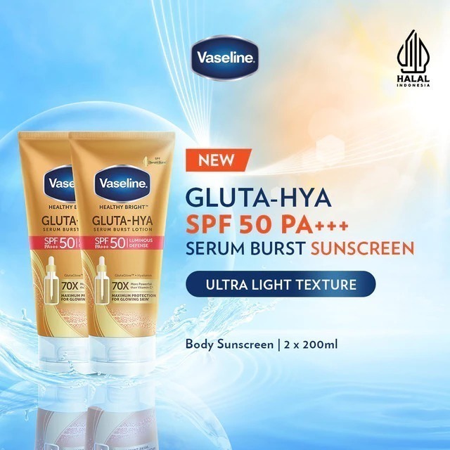 Vaseline Gluta-Hya Serum Burst Sunscreen SPF 50 PA+++ 200ml - Body Serum Sunscreen Mencerahkan 200ml