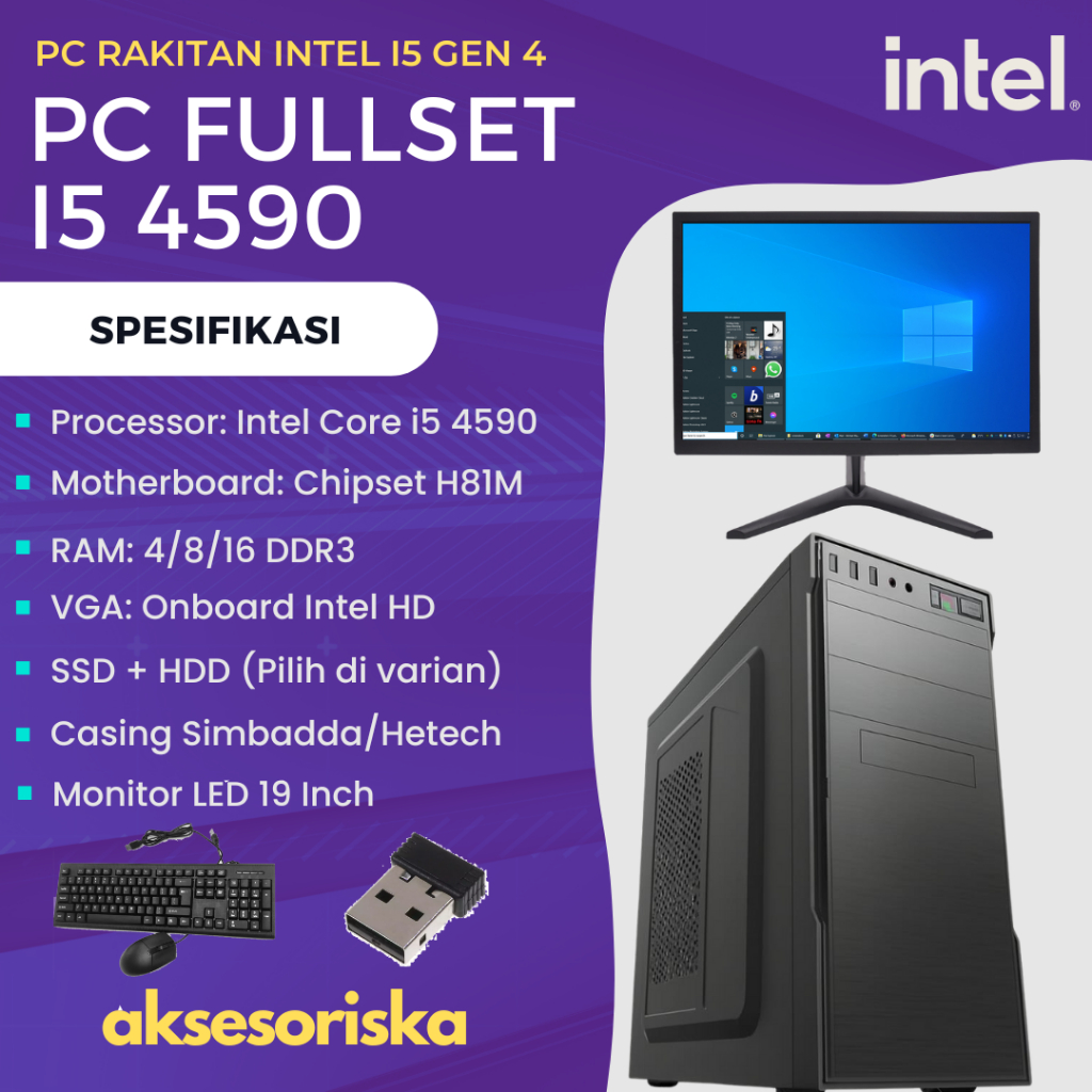 PAKET LENGKAP PC RAKITAN Intel Core i5 4590 KOMPUTER KANTOR MONITOR LED 19" PC FULLSET Intel Core i5