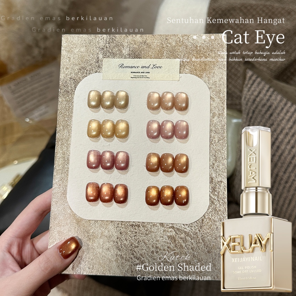 XEIJAYI 15ml Kuteks Gel Kuku Cat-Eye Pink-Cokelat Emas Baru, Tahan Lama dan Berkilau, Cocok untuk Se