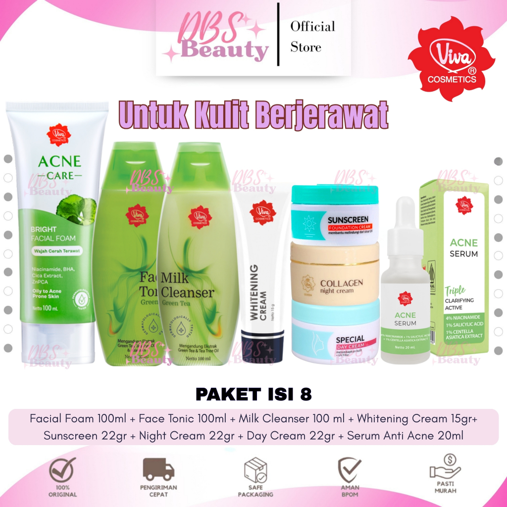 Paket 8in1 Viva Cosmetic Skincare Acne Serum Menghilangkan Jerawat Flek Hitam BPOM