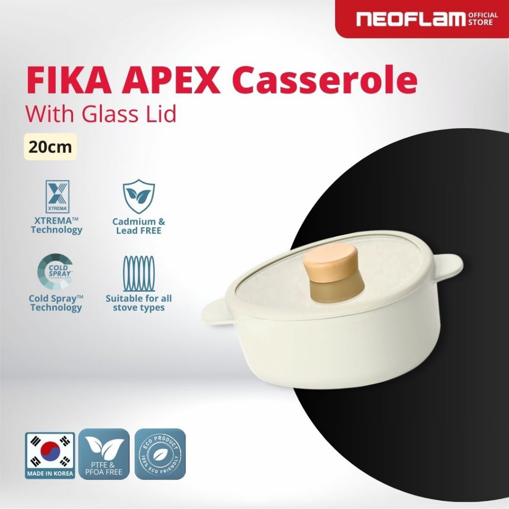 NEOFLAM FIKA APEX Casserole 20cm with Glass Lid Ivory- Panci Anti Lengket & Tahan Gores, Ceramic Coa