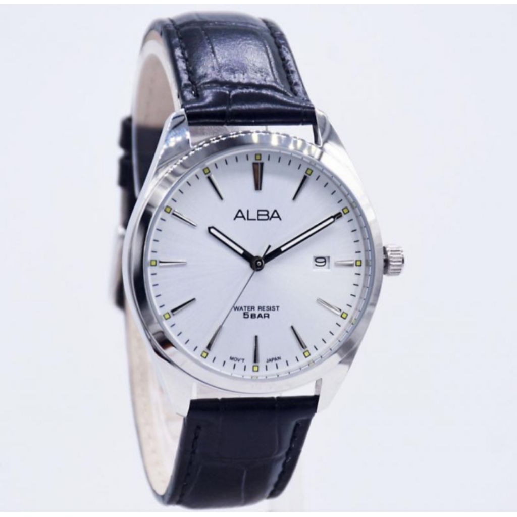 Jam tangan Alba pria original water resistance tali kulit tgl aktif free box DM 40mm