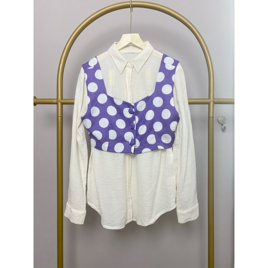 Preloved Blouse Kemeja One Set Kekinian Korean Style Hijab Lengan Panjang White Putih Ungu Purple Li