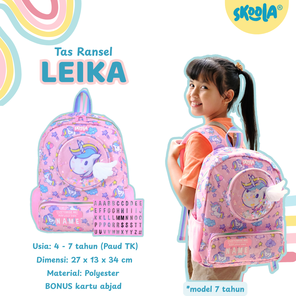Skoola Tas Sekolah Anak PAUD TK Perempuan Karakter Unicorn Custome Name - Leika