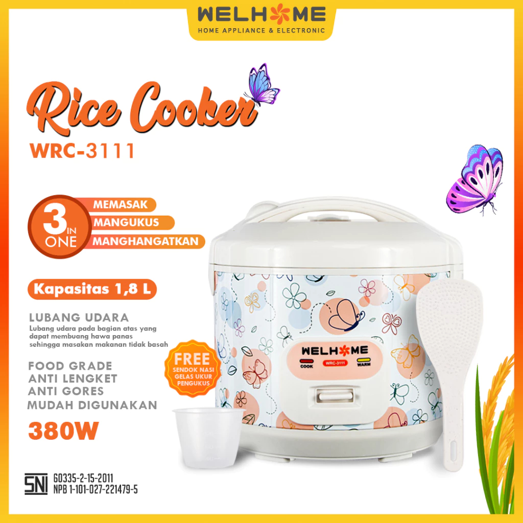 WELHOME WRC-3111 Rice Cooker 3 in 1 Menanak Nasi Kukus 1.8L 380W Teflon Ceramic