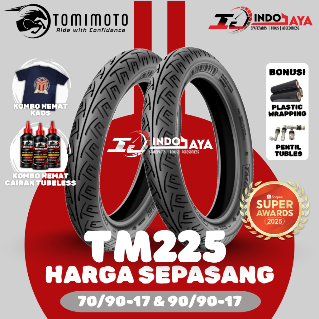 [HARGA SEPASANG] BAN LUAR TUBELESS TOMIMOTO TM225 RING 17 ( 70/90-17 & 90/90-17 ) BAN TUBLES R17 TM-