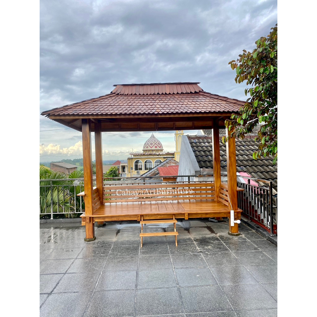 GAZEBO KAYU JATI MINIMALIS , GAZEBO TAMAN MINIMALIS , GAZEBO KAYU MAHONI MINIMALIS