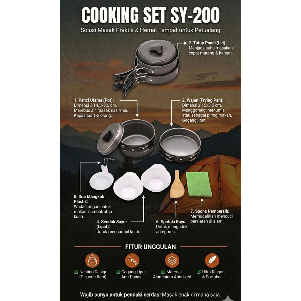 COOKINGSET PANCI ALAT MASAK CAMPING OUTDOOR DS 200 SY 200 PANCI GUNUNG