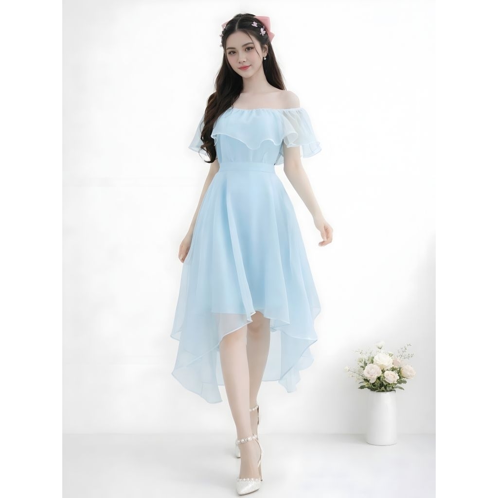 Dress Wanita Off Shoulder High Low Chiffon – Midi Dress Pesta Elegant Kekinian Model Korea Avira Jc
