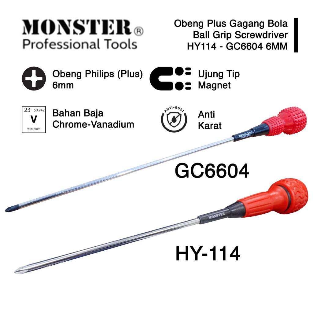 Monster Obeng Plus Gagang Bola Ball Grip Screwdriver HY114B GC6604 6mm Magnet Tip Ujung Bahan Baja K