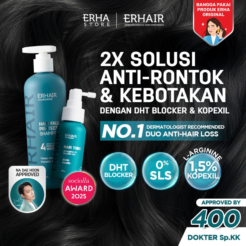 ERHAIR SET ANTI RONTOK Hairgrow Shampoo 370ml + Hair Tonic 60ml - Mencegah Rontok Hormonal | DHT Blo