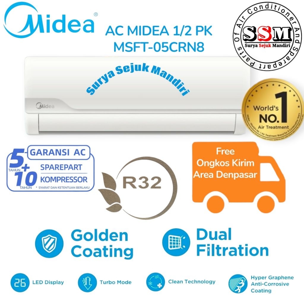 MIDEA AC STANDART 1/2PK R32 MSFT-05CRN8 Ac Dengan Paket Pipa Lengkap 3 Meter