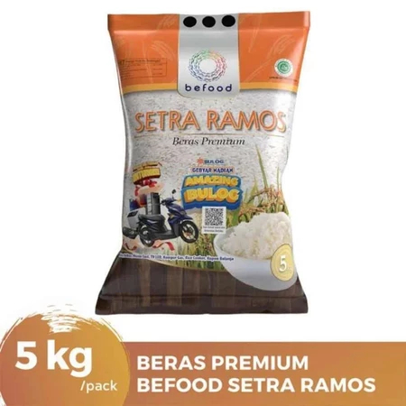 Befood Beras Setra Ramos Kemasan isi 5 Kg Beras Nasi Putih Mentah Gebyar Amazing Bulog