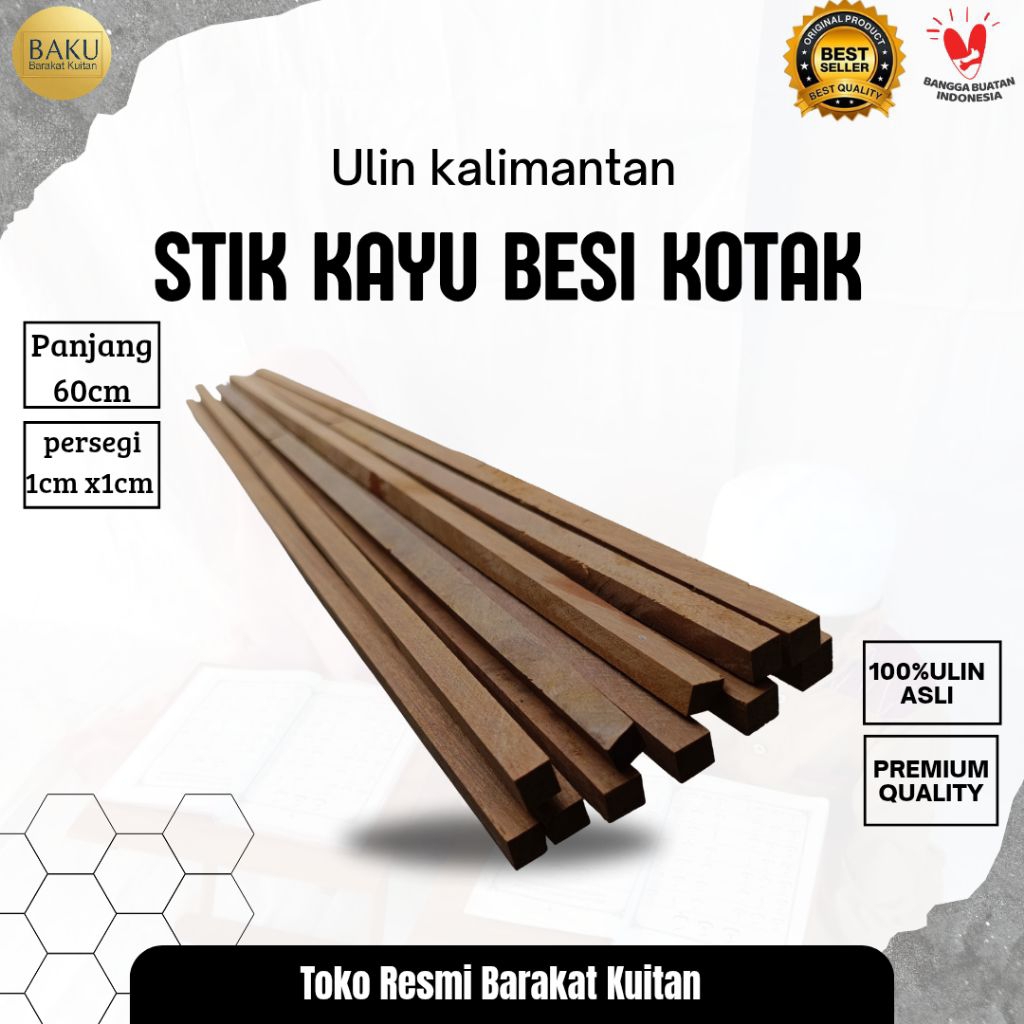 Stik Lis kayu Ulin persegi kotak mini / balok Stick Kayu Ulin 1cm x 1cm panjang 60cm