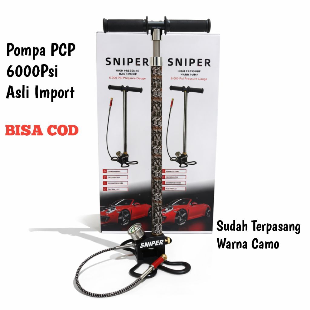 POMPA PCP SNIPER ORIGINAL 4 STAGE WARNA CAMO, POMPA PCP SNIPER 6000PSI KAKI KUPU KUPU, POMPA UNTUK U