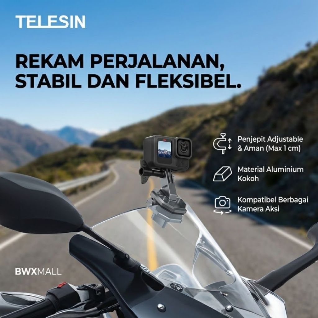Bracket Kamera Motor Aluminium TELESIN Windshield Mount Universal GoPro DJI Insta360 Penjepit Kaca D