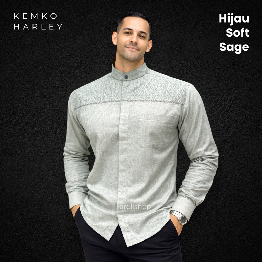 Kemko Harley Pria Lengan Panjang Warna Soft Sage | Bahan Katun Adem | Koko Modern Premium