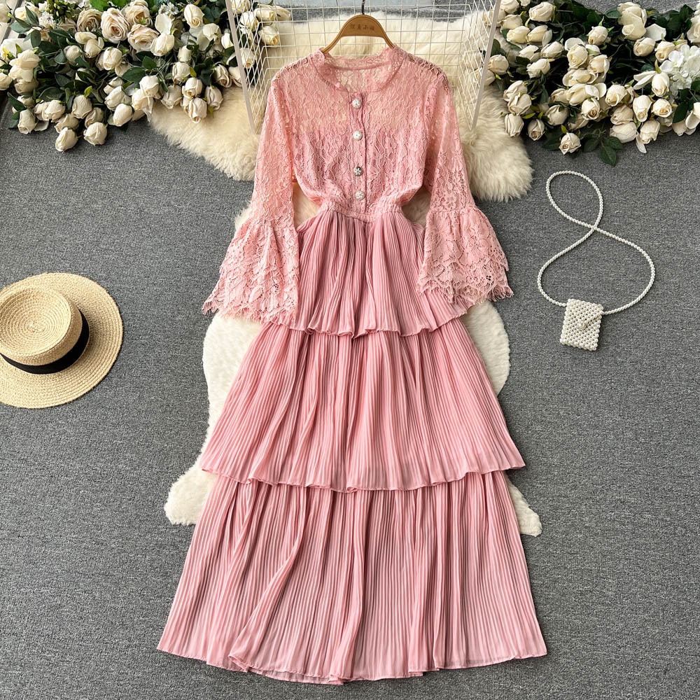 Dress Wanita Maxi Brokat Kombinasi Plisket Premium Import premium | Long Dress Elegan Lengan Panjang