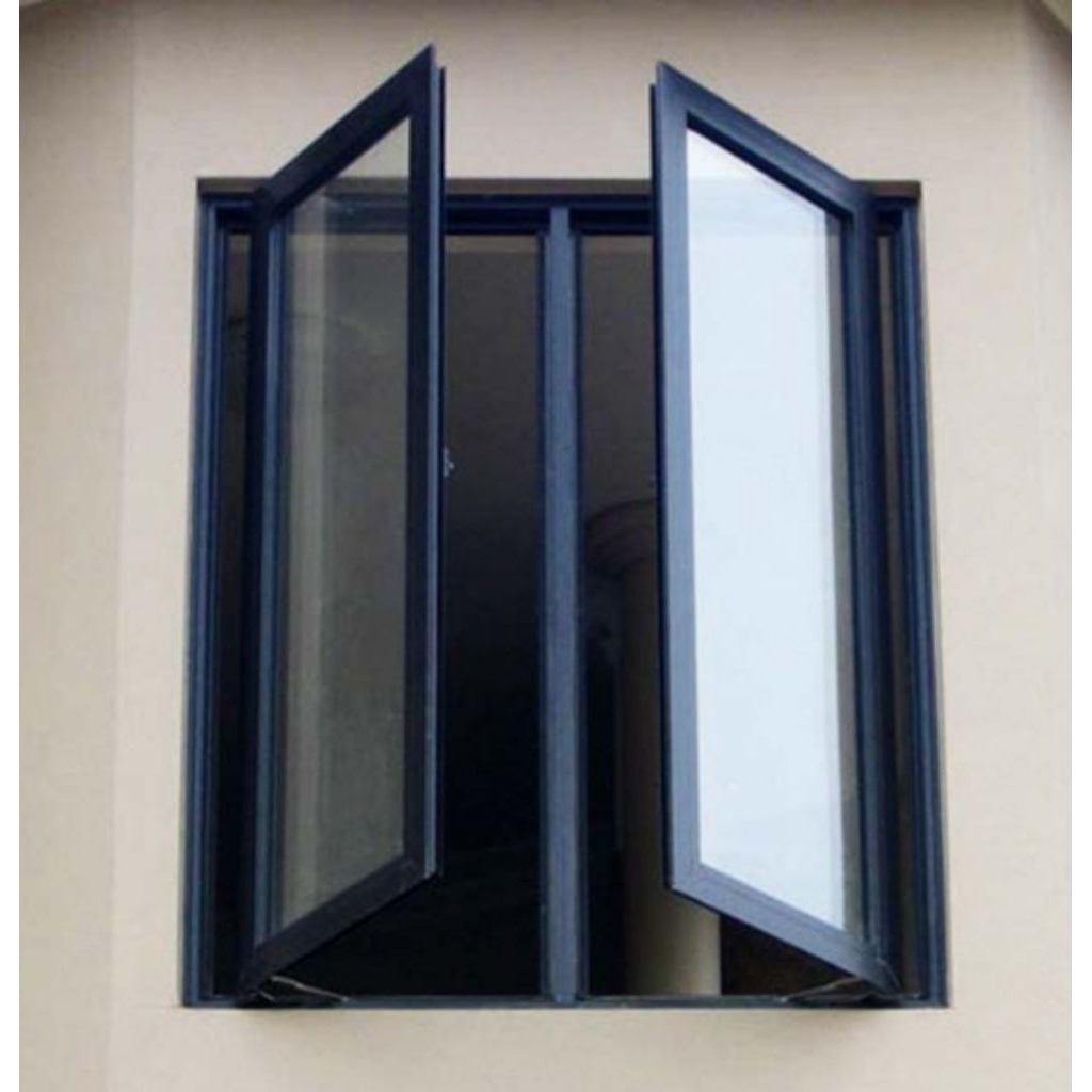 jendela aluminium swing 2 daun + kaca 5mm + kusen 3" + Lis ornamen.