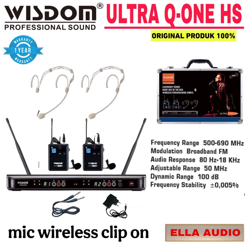 Wisdom Ultra Q1 HS wireless 2Mic Jepit Clip On+2 Headset Bando Mic