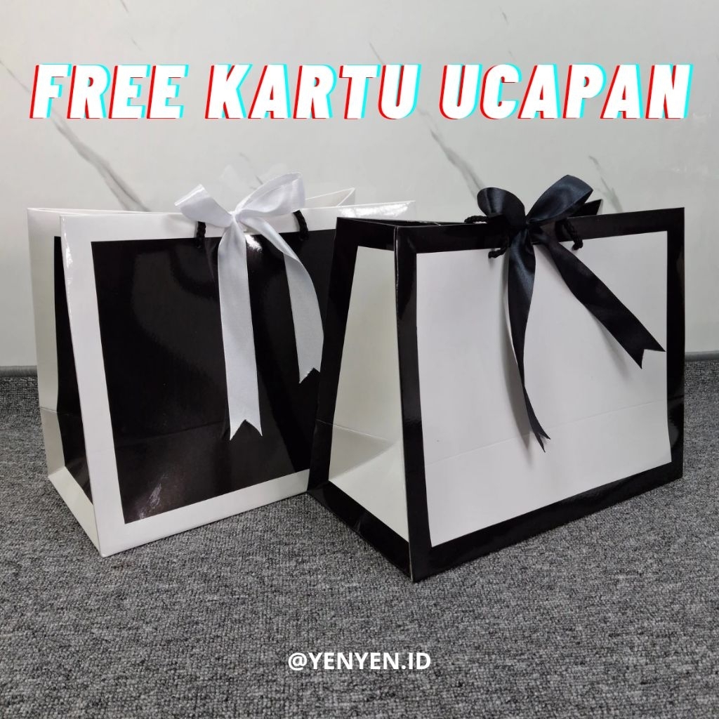 Paper Bag Hitam Putih Simpel Mewah Untuk Tas Kado Souvenir Nikahan Hajatan Acara Kegiatan Dengan Pit