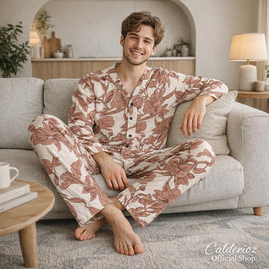 Calderioz - Piyama Motif Floral Earth Tone Lengan Panjang Pria Wanita Baju Santai Harian