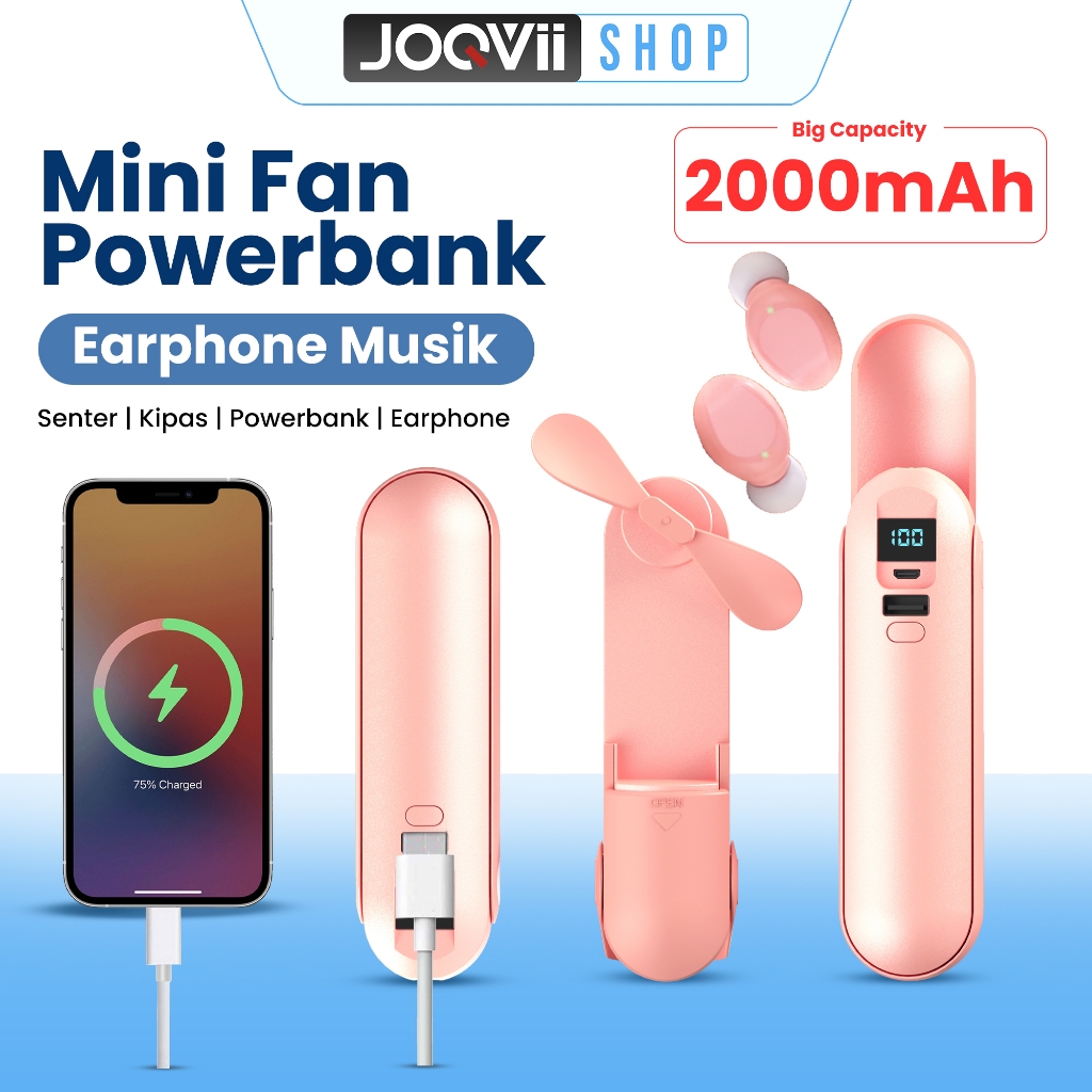 JOQVII 4 in 1 Mini Portable Headset LED powerbank dan Flashlight  Wireless Headphones PowerBank 2000
