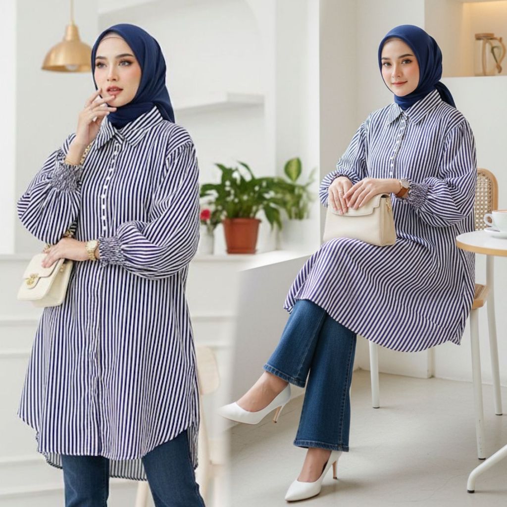 Kiukiu Tunik Rayon Salur - Atasan Tunik Katun - Baju Kemeja Motif garis salur - Atasan Jumbo Kancing