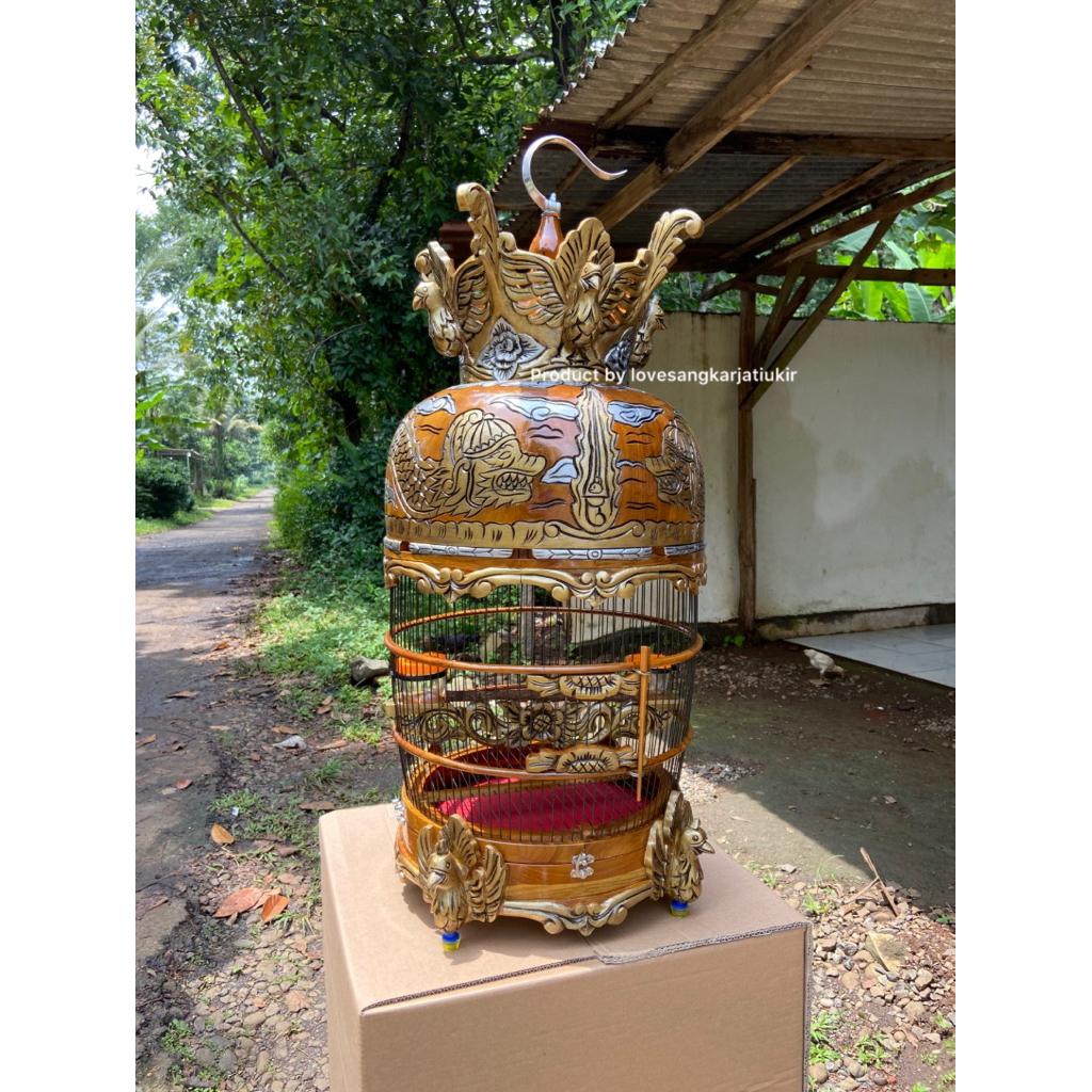 Sangkar Perkutut Jati Solid Jeruji Fiber Motif Naga Mahkota Super Mewah