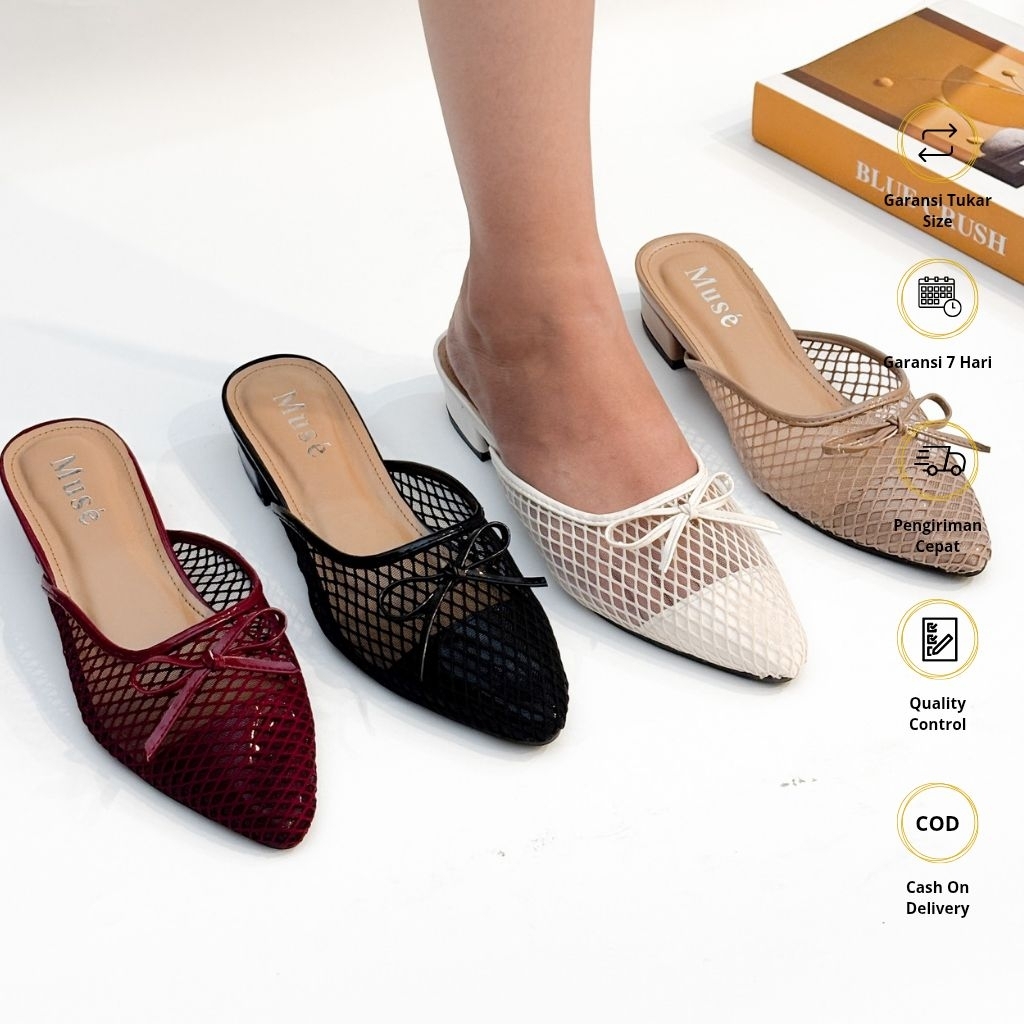 Sepatu Wanita Mules Jaring Elegant Muse Anaya – Flat Shoes Hak 3cm Nyaman Kerja Kondangan Fashion Wa