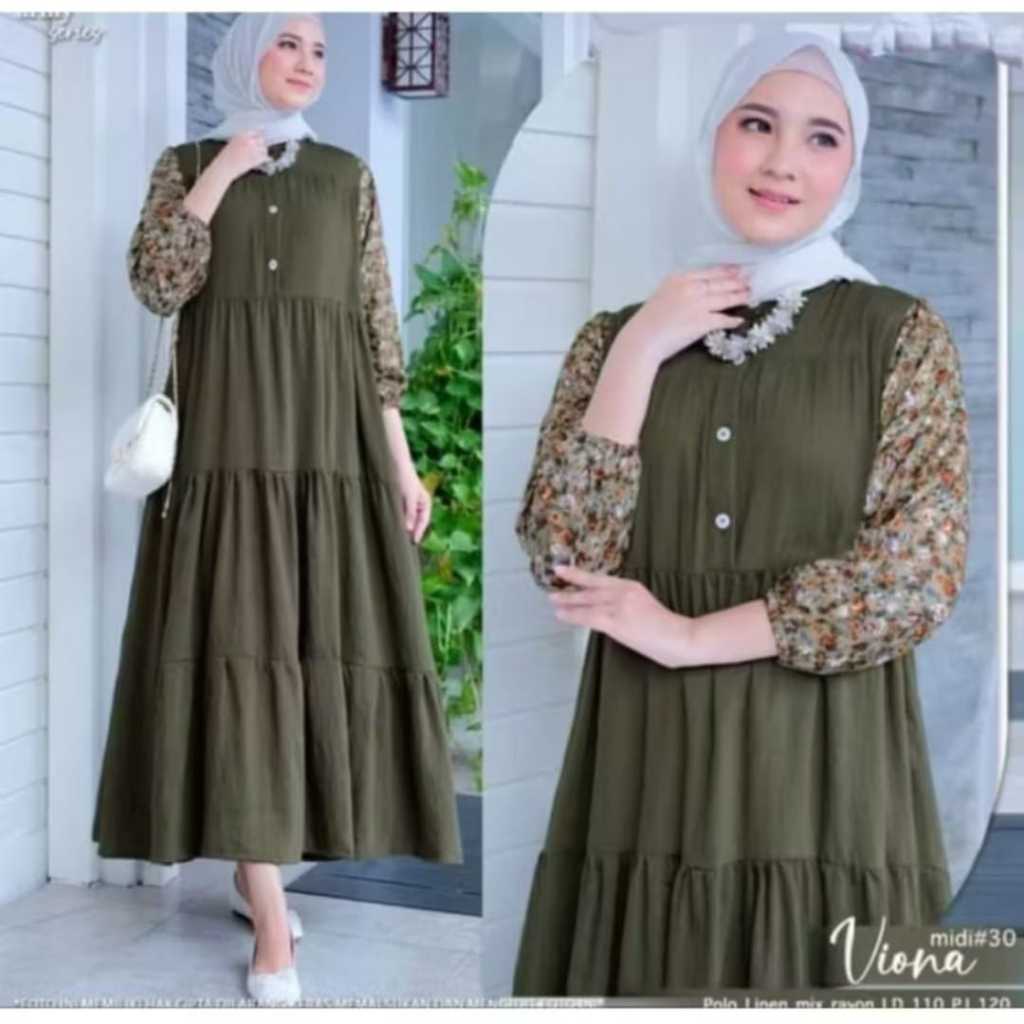 Gamis Terbaru Viona Motif Polos Bahan Crinkle Lengan Bunga Rayon Size Jumbo