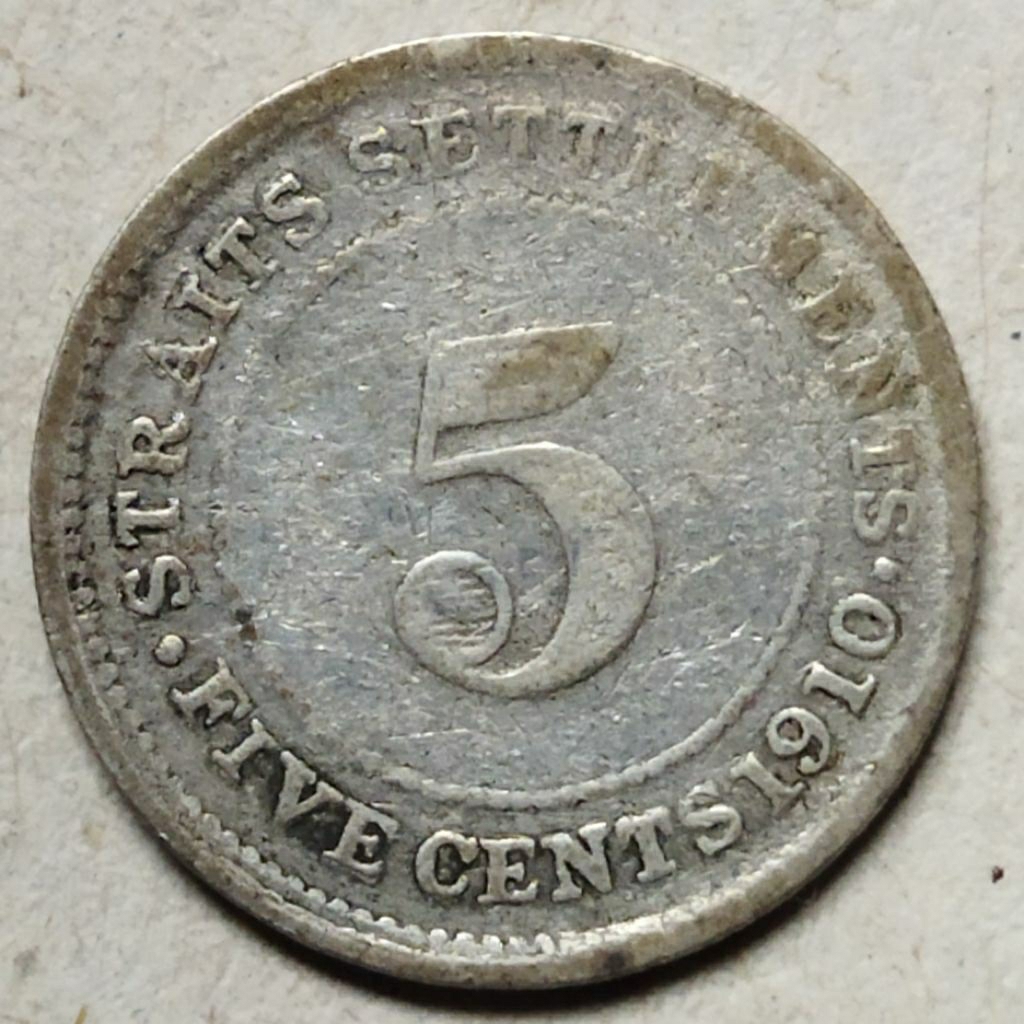 Koin perak Straits settlements 5 cents 1910