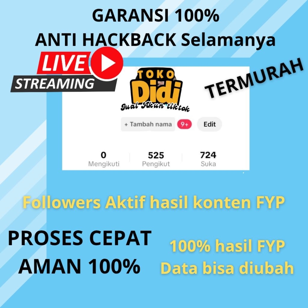 Akun tiktok 200-500 followers Indo Real Aktif Siap Pakai Live Streaming