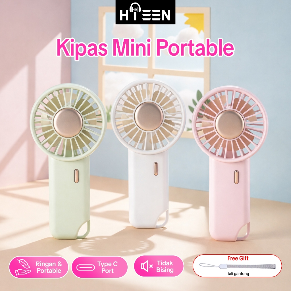 Hieen Kipas Mini Portable Rechargeable USB Type-C  3 Level Angin Kipas Genggam Lucu Travel Friendly 