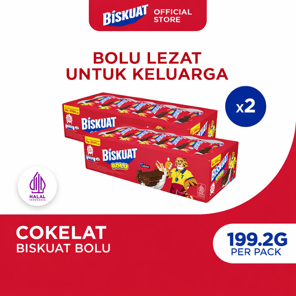 Biskuat Bolu 199.2g (Paket isi 2), Bolu Rasa Cokelat dengan Krim Rasa Cokelat