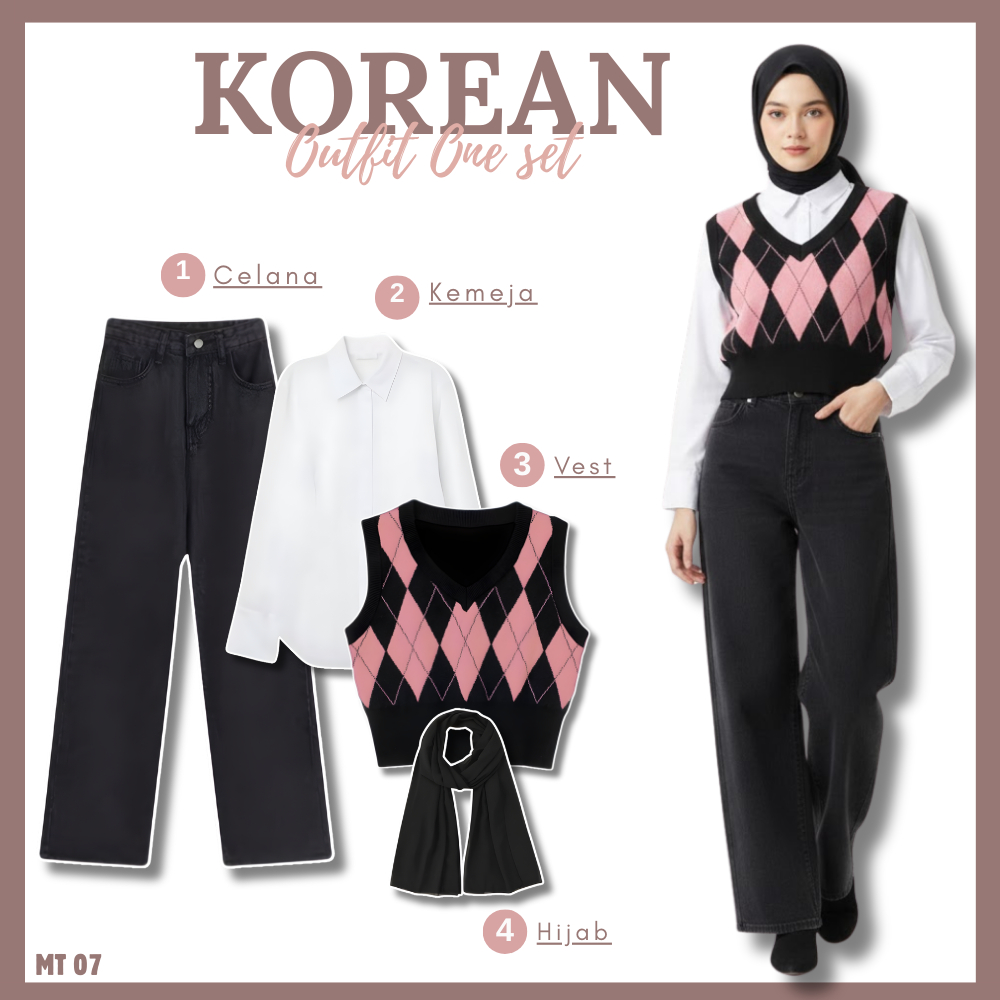 4IN1 Korean Wanita Set OOTD hijab Wanita Kekinian (Vest Diamond Kemeja Kulot Jeans Pashmina) - MT07